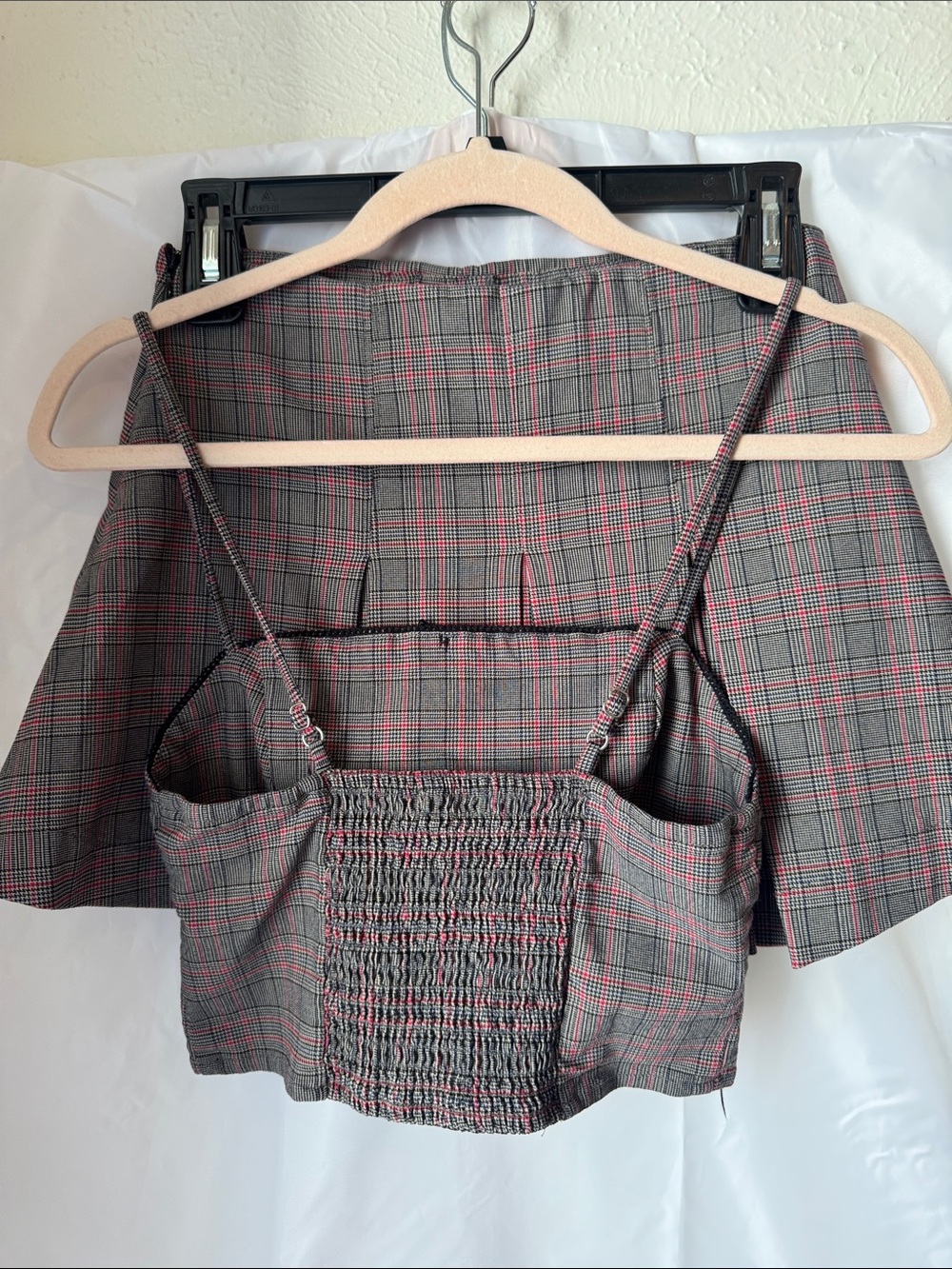 Plaid Mini Skirt and Cropped Cami Set - Gray with Pink Windowpane SKORT SET - Picture 3 of 3